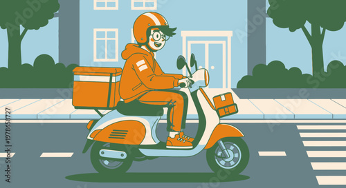 Retro scooter delivery courier in orange uniform, flat vector illustration with city street crosswalk and storefront background. Food delivery rider on motor scooter, urban transport