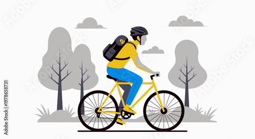 Flat modern vector illustration of commuter riding yellow bicycle, urban cycling lifestyle scene in gray city park, minimal character design for eco transport, mobility app banner