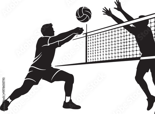 Male volleyball player spiking ball over net in dynamic black and white illustration