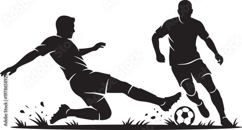 silhouette of two soccer players competing for ball on grass at dusk