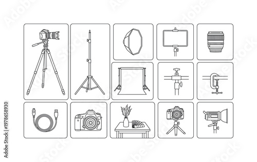 A studio photography setup with a camera, tripod, softbox, reflector, light stand, backdrop, clamp, tabletop, camera lens, remote
