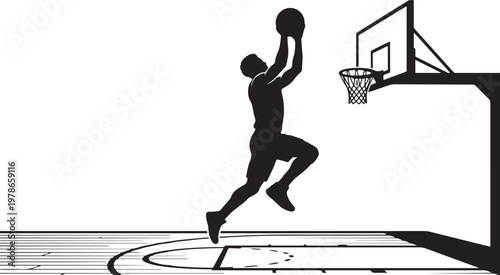 Silhouette of basketball player dunking at outdoor court in dramatic lighting