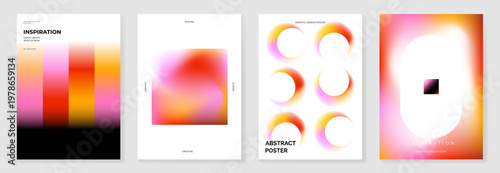 Abstract gradient poster background vector set. Minimalist style cover template with vibrant perspective 3d geometric prism shapes collection. Ideal design for social media, cover, banner, flyer.