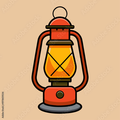 An orange vintage kerosene lantern with a glowing yellow light inside its glass chimney stands against a solid light tan background.