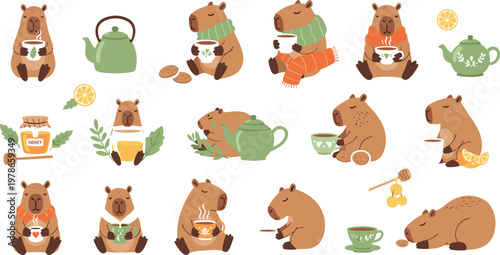 Cute capybara tea time illustration set with cozy drinks, cookies and teapot, adorable animal character collection in warm flat vector style isolated on transparent background