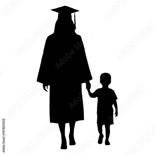 Graduation ceremony concept silhouette of a graduate holding hands with a child isolated on transparent background