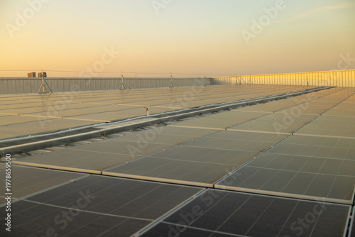Rooftop Solar Panels at City Sunset Skyline