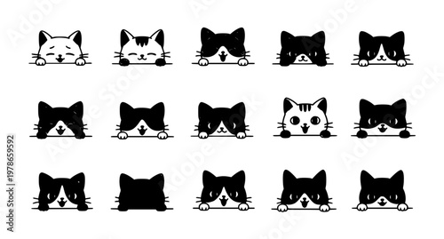 Funny Kawaii Cats Peeking Collection – Cute Kitten Faces Looking Out Vector Set