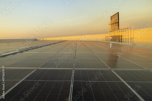 Rooftop Solar Panels at City Sunset Skyline