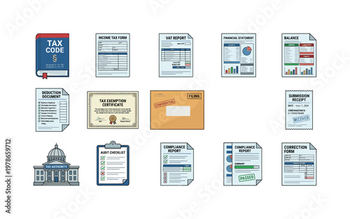 Tax law and reporting with tax code book, income tax form, VAT report, financial statement, deduction document, exemption