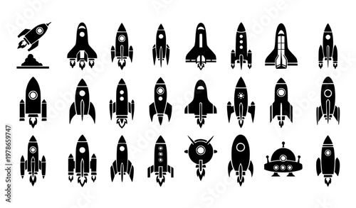 Black and white rocket icon set space launch spacecraft silhouette vector collection isolated on white background