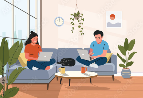 Young couple working from home on laptops in cozy living room, freelance and remote work concept. Vector flat  cartoon illustration
