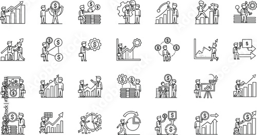 Business growth and financial success line icon set with investment, profit, analytics and teamwork symbols, minimal outline vector collection isolated on transparent background