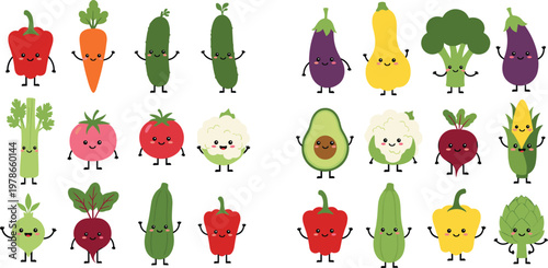 Cute Cartoon Vegetables and Fruits Character Set Featuring Kawaii Designs of Carrot, Avocado, Broccoli, and More for Kids and Healthy Eating Illustrations