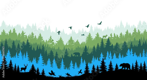 Vintage layered pine forest landscape vector, misty green and blue mountain woods silhouette with birds and deer, panoramic nature background illustration for poster banner