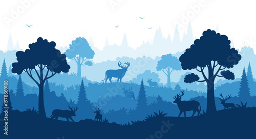 Blue layered forest landscape vector silhouette, misty woodland with deer and pine trees in monochrome navy gradient, nature scenery illustration for poster, banner, background