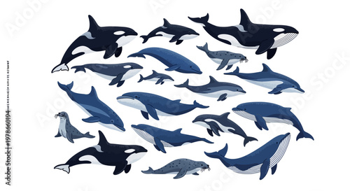 Minimalist blue dolphin vector silhouette group, ocean marine mammal illustration in monochrome navy tones. Dolphin pod wildlife graphic for logo, poster, t-shirt, decor