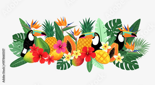 Tropical jungle floral border vector illustration, colorful hibiscus and monstera leaves with toucan and birds of paradise, summer botanical frame for banner, web header