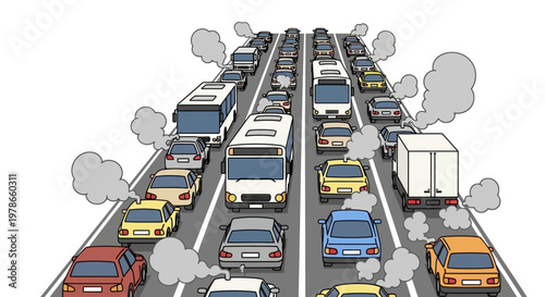 Isometric traffic jam vector illustration, urban road congestion with cars buses and trucks in flat cartoon style. City transport gridlock concept, exhaust smoke and rush hour commute