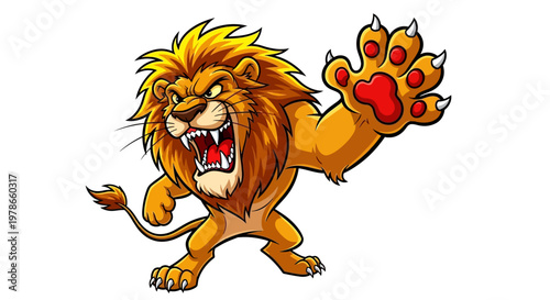 Cartoon lion mascot vector illustration, roaring wild cat character with raised paw and claw mark, bold orange and yellow big cat logo for sports team branding