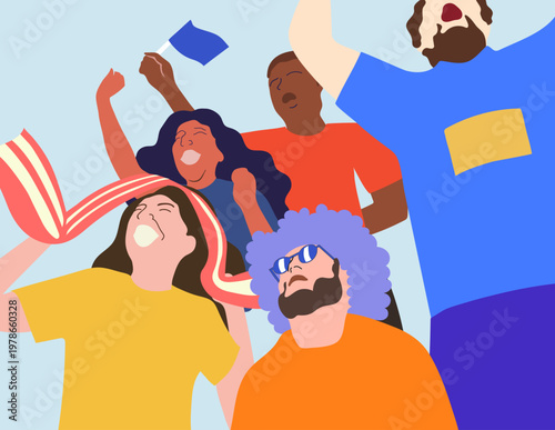 Illustration of passionate football supporters cheering in a stadium, waving flags and celebrating their team with energy and unity