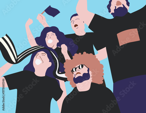 Illustration of passionate football supporters cheering in a stadium, waving flags and celebrating their team with energy and unity