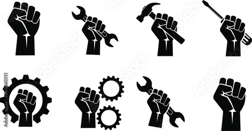 Solidarity and labor icons a collection of black silhouette illustrations representing workers' rights and industrial strength