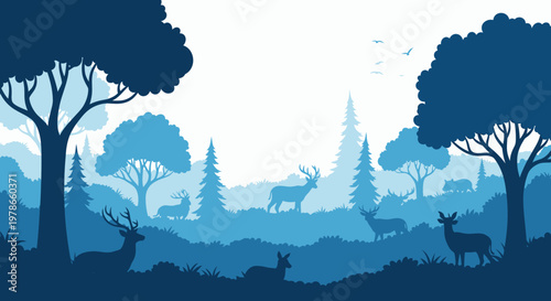 Silhouette forest landscape vector in layered blue tones, misty woodland scene with deer and trees. Nature panorama illustration, flat design background for posters, web headers