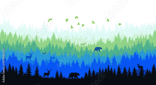 Minimalist gradient forest silhouette landscape vector, blue green conifer woods with deer bear and birds, layered nature horizon backdrop for poster banner wallpaper header design