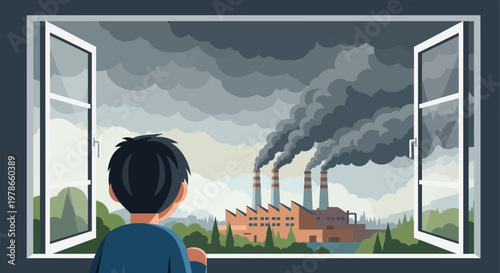 Industrial air pollution vector illustration, child looking through open window at factory smokestacks, gray smog sky and green field landscape, environmental health concept
