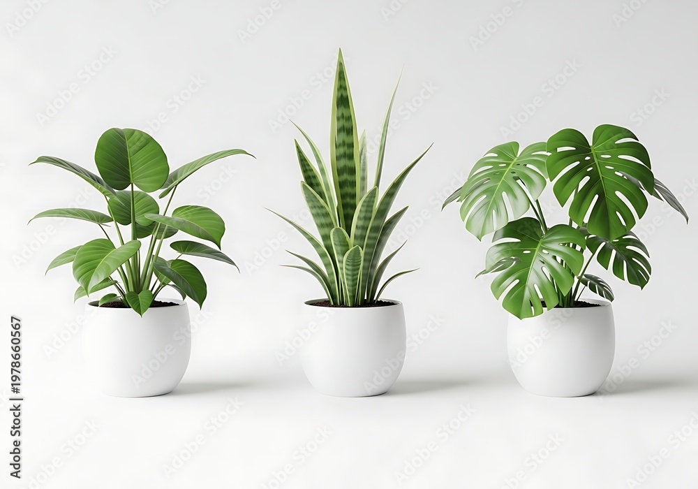Fototapeta premium Three green potted indoor plants in white ceramic pots, home decor concept.
