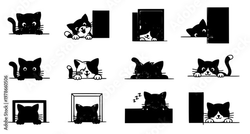 Cute Cartoon Cats Looking Over Edge – Funny Peeking Kitten Vector Illustration Set