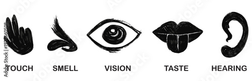 Five Senses Icons: Touch, Smell, Vision, Taste, Hearing - Black and White Icons