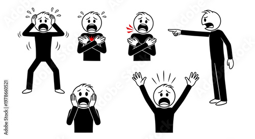 A frustrated group depicts stress and anxiety through various emotive poses