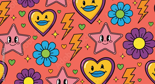 Vibrant emojis of hearts, stars, flowers, and lightning bolts create a lively illustrations pattern.
