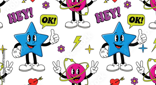 A colorful cartoon illustration of smiling star and circle characters giving peace signs surrounded by speech bubbles and flowers