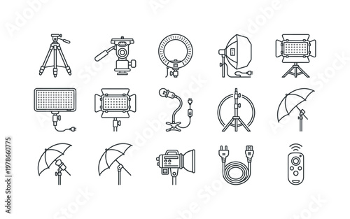 A camera tripod and lighting scene with a tripod, adjustable tripod head, ring light, softbox, LED panel, clamp light, light stand
