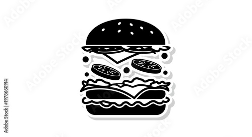 A black and white illustration of a hamburger.