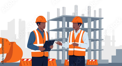 Two construction workers in orange vests discuss plans at a building site