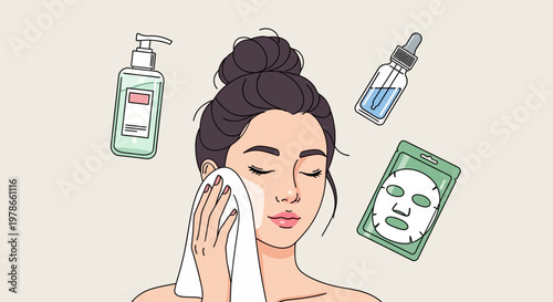 Woman cleanses face with towel, skincare products nearby her.