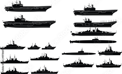 Silhouette illustration of naval warships including aircraft carriers, destroyers, battleships, submarines, concept of military fleet diversity, defense, maritime security graphics