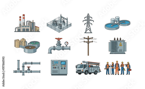 Utility service infrastructure with power plant, electrical substation, transmission tower, water treatment plant, sewage facility