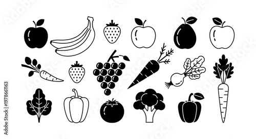 A collection of various fruit and vegetable icons.