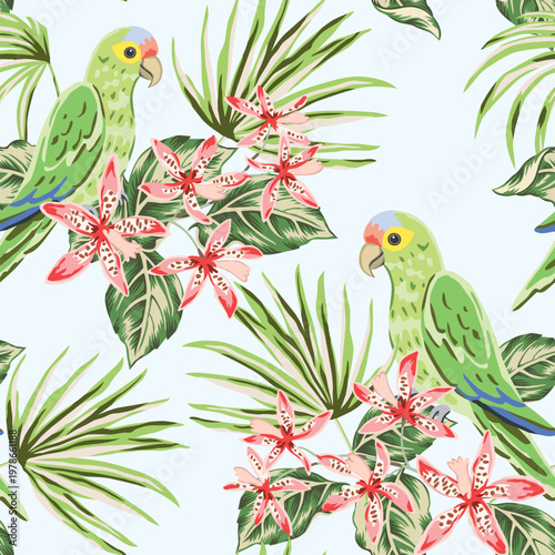 Tropical parrots, pink orchid flowers, palm leaves, light background. Seamless pattern. Vector illustration. Exotic plants, birds. Summer beach design. Paradise nature