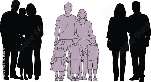 Silhouette illustration showing different family sizes, parents with children, couple without kids, concept of family diversity, unity, parenting, relationships, demographics