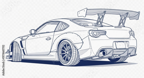 Detailed illustration of a custom sports car with a large rear spoiler.