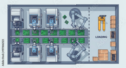 Automated Manufacturing Facility with Robotic Arms and 3D Printers.