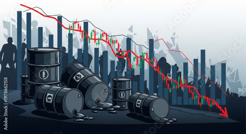 Oil barrels and falling stock market graph illustrating economic downturn.