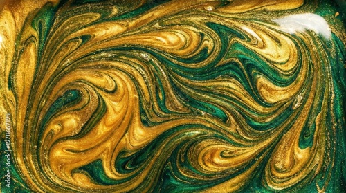 Vibrant green and gold swirling patterns create a mesmerizing abstract design on a textured surface.