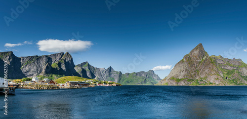 Red wooden houses in the village of Hamnøy on the Lofoten Islands in Norway